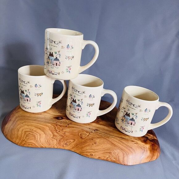 4 International HEARTLAND Coffee Mug Stoneware Farm Scenes Farmers Pig Bird Cow - Picture 1 of 8
